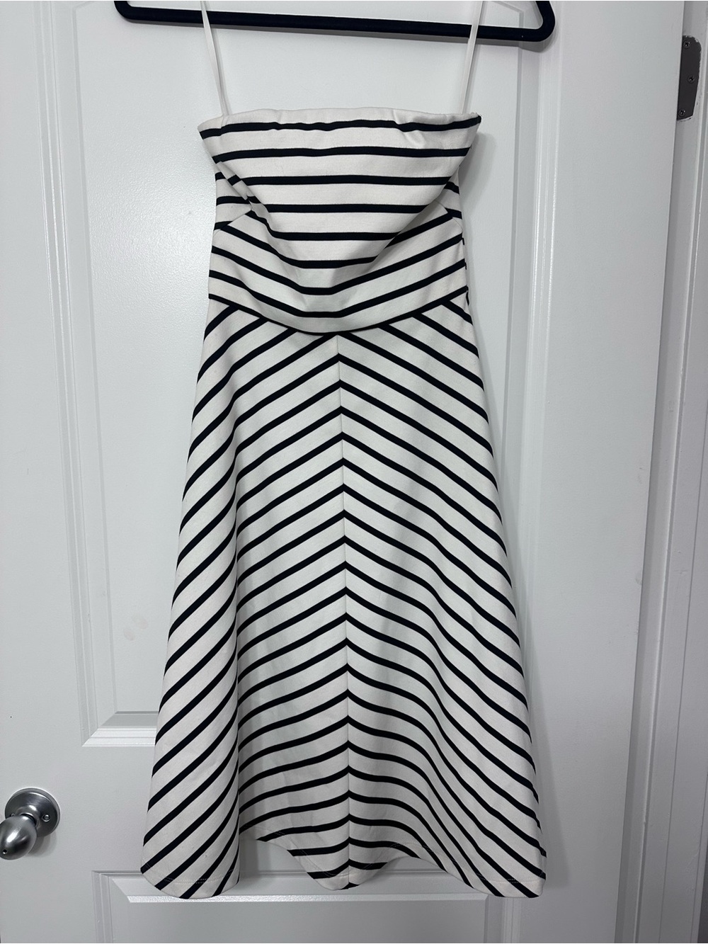The Limited Black and White Strapless Striped Midi Dress